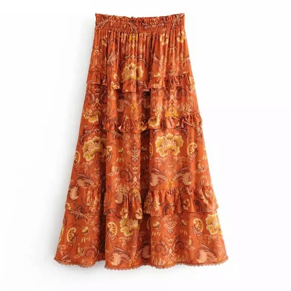SOLD OUT Rust Floral Bohemian Gypsy Ruffle Tier Maxi Skirt - Picture 4 of 7